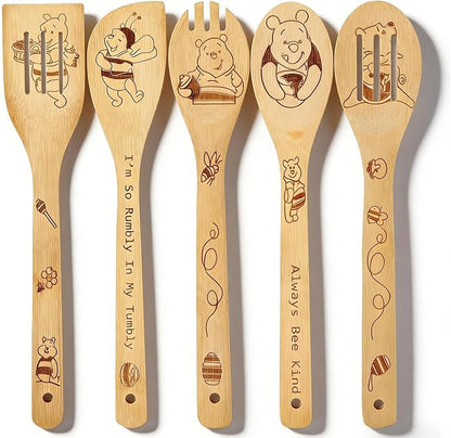 Bear Gifts for Women 5 PCS Cartoon Wooden Spoons for Cooking Bear Kitchen Accessories Cute Bee Spatula for Pooh Kitchen Decor Engraved Spoon Kitchen Stuff for Women Birthday Gifts
