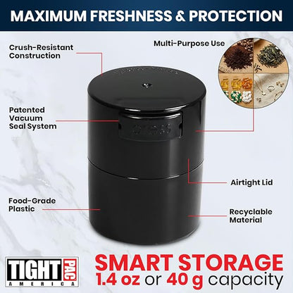 TIGHTPAC MINIVAC Portable Vacuum Seal Airtight Container – Keeps Coffee Beans, Grounds, Tea, Spices & Herbs Fresh Longer – Travel-Ready, NSF-Certified Food-Grade Storage, 10 to 30 Grams, Black Pearl