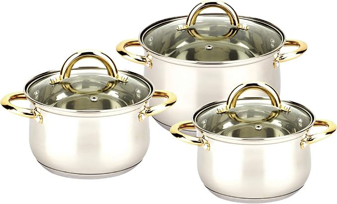 Uniware Super Quality18/10 Stainless Steel Cookware Set with Gift Box (6 Pcs Cookware Set, Golden Coating)
