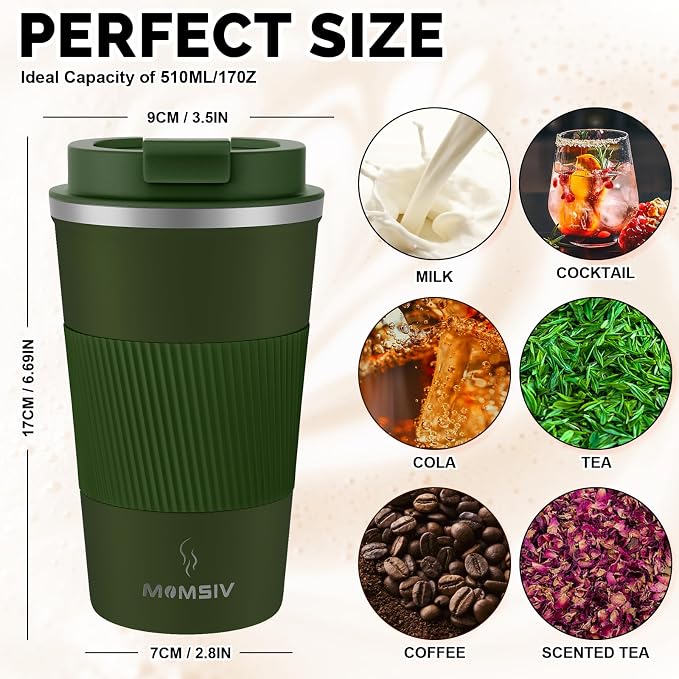 MOMSIV 17oz Travel Mug, Insulated Coffee Cup with Leakproof Lid, Vacuum Stainless Steel Double Walled Reusable Tumbler for Hot and Cold Water Coffee and Tea In Travel and Car