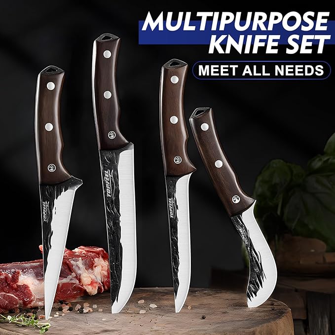 Topfeel 4PCS Hand Forged Butcher Knife Set - Slicing Knife,Boning Knife, Dividing Knives,Skinning Butcher Knives,High Carbon Steel Meat Cutting cleaver for Home Kitchen & Outdoor