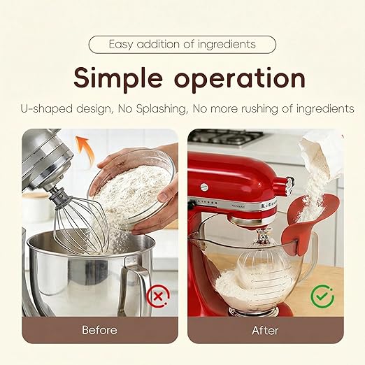 Flour Funnel for Kitchen Aid Mixer | Food-Grade Silicone Pouring Shield for KitchenAid Mixer | Hands-Free Clip-On Accessory for Baking, Fits All Standmixers, Space-Saving Design（RED