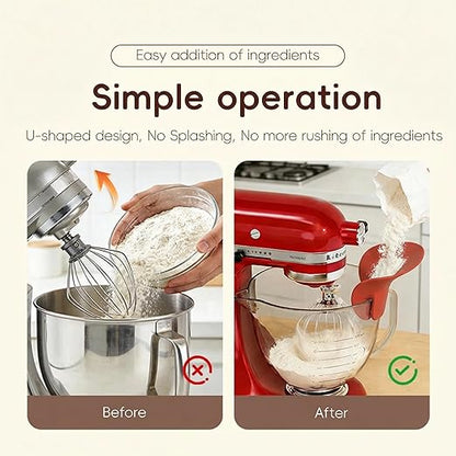 Flour Funnel for Kitchen Aid Mixer | Food-Grade Silicone Pouring Shield for KitchenAid Mixer | Hands-Free Clip-On Accessory for Baking, Fits All Standmixers, Space-Saving Design（RED