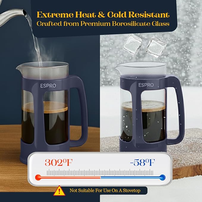 ESPRO Light P3 French Press Coffee Maker – Patented Double Micro-Filter for Grit-Free Brew, Heat Resistant thicker Borosilicate Glass Coffee press – (Blue - 32 oz)