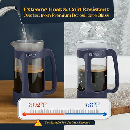ESPRO Light P3 French Press Coffee Maker – Patented Double Micro-Filter for Grit-Free Brew, Heat Resistant thicker Borosilicate Glass Coffee press – (Blue - 32 oz)