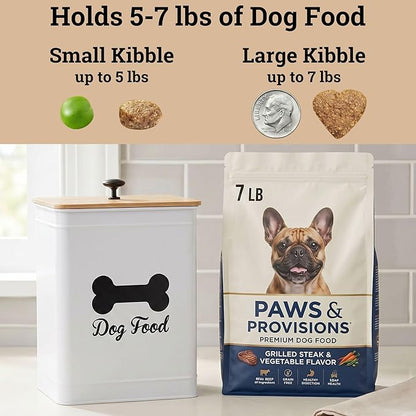 Dog Food Container Airtight 5-7 lb (25 Cup) Capacity - Cute Airtight Dog Food Storage Container with Bamboo Lid & Sturdy Metal Handle - White Metal Kibble Storage Bin for Dogs up to 50 lbs - Pet Jar