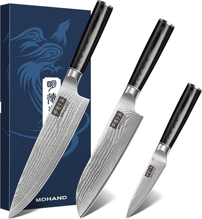 MDHAND Kitchen Knife Set, 3PCS Professional Chef Knife Set, VG10 Steel Knife Set with Pakkawood Handle, Ultra Sharp Knives Set for Cooking, Including Chef, Santoku & Paring Knife, Gifts for Men Women