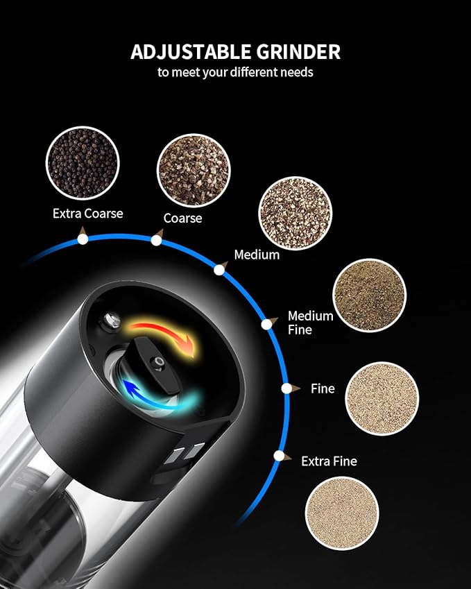 CIRCLE JOY Electric Salt and Pepper Grinder Set with Charging Base, Rechargeable Automatic Pepper Mill, Adjustable Coarseness, LED Light, 140ml Large Capacity