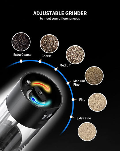 CIRCLE JOY Electric Salt and Pepper Grinder Set with Charging Base, Rechargeable Automatic Pepper Mill, Adjustable Coarseness, LED Light, 140ml Large Capacity