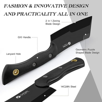 5.5 Inch Butcher Knife, 2-in-1 Chef & Meat Cleaver Knife with Sheath, Multipurpose Full Tang G10 Handle Kitchen Knives for Bone Chopping, 14C28N High Carbon Stainless Steel for Home and Outdoor