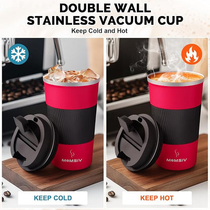 MOMSIV 12oz Travel Mug, Insulated Coffee Cup with Leakproof Lid, Vacuum Stainless Steel Double Walled Reusable Tumbler for Hot and Cold Water Coffee and Tea In Travel and Car