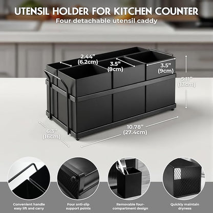 Utensil Holder Mesh Drainage Holes, 4pcs Bins Set Countertop Utensil Holder for Plate, Spoons, Forks and Knives, Cutlery Organizer Suitable for Party, Kitchen Countere, Balck