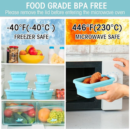 Yaomiao 16 Pack Collapsible Food Storage Containers with Lid Foldable 8 Pcs Rectangle Storage Bowl and 8 Pcs Round Silicone Food Bow for Lunch Camping Rv Accessories Microwave Freezer(Blue)