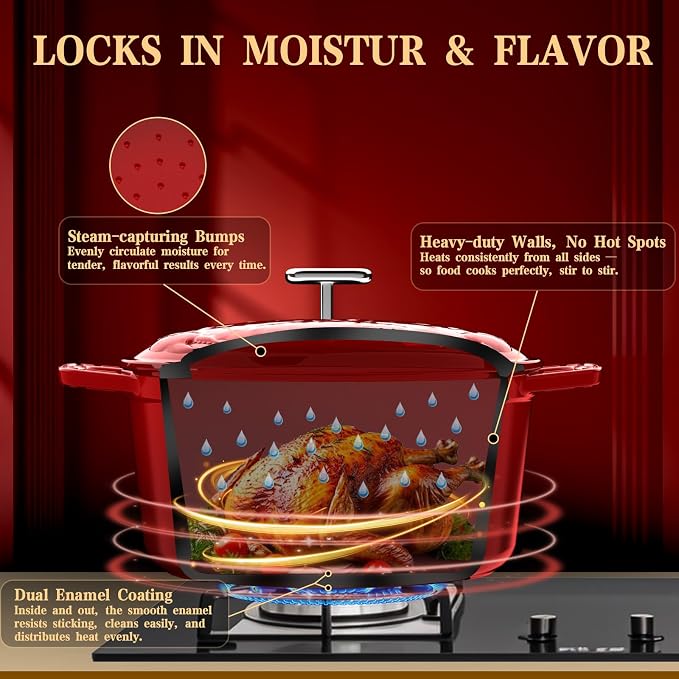 DUTZUN Enameled Cast Iron Dutch Oven - 5 Quart, Exclusive Designed Crab Lid (Patent Pending), Oversized Knob, for Bread Baking Braiser, Cooking Stock Pot - Red