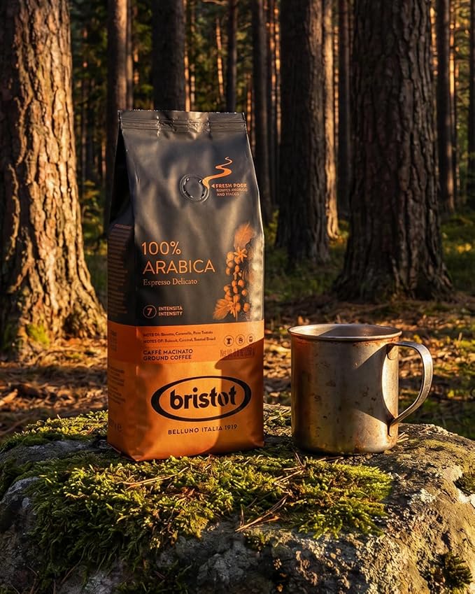 Bristot 100% Arabica Ground Coffee – Italian Espresso Delicato – Medium Roast – Ground Coffee for Moka Pot, French Press & Pour Over – 8.8oz (250g)