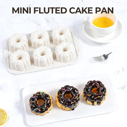 FUNBAKY 3 Inch Mini Fluted Tube Cake Pans for Baking with Metal Reinforced Frame, 2Pcs Silicone 6-Cavity Mini Flan Molds, Nonstick Baking Mold for Cupcake, Brownie, Donuts, Cornbread, Jello