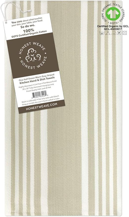 HONEST WEAVE GOTS Certified Organic Cotton Kitchen Hand and Dish Towel Sets - Oversized 20x30 inches, Fully Hemmed, in Designer Colors, 6-Pack, Warm Gray/Taupe Stripe