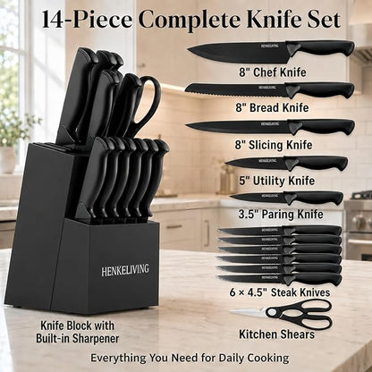 Knife Set, 14-Piece Black Dishwasher Safe Kitchen Knife Block Set with Built-In Sharpener, German High Carbon Stainless Steel Blades, Ultra Sharp Knives with Ergonomic Non-Slip Handles