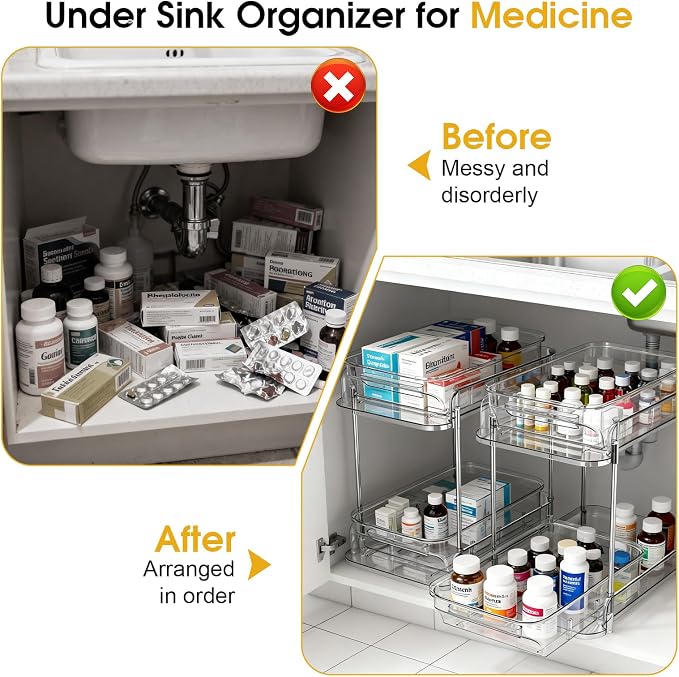 2 Pack Medicine Cabinet Organizer with Dividers, Medicine and Vitamin Bottle Storage, MultiUse Pull-Out Under Sink Organizer Storage Container, Suitable for Cabinets, Bathrooms, Dressing Tables,Pantry