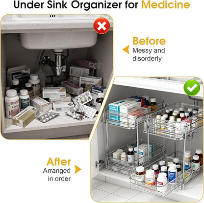 2 Pack Medicine Cabinet Organizer with Dividers, Medicine and Vitamin Bottle Storage, MultiUse Pull-Out Under Sink Organizer Storage Container, Suitable for Cabinets, Bathrooms, Dressing Tables,Pantry