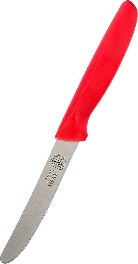 The Kosher Cook Meat Red Dairy Blue Kitchen Knife – 4.5” Steak and Vegetable Knife - Razor Sharp Curved Tip, Straight Edge - Color Coded Kitchen Tools