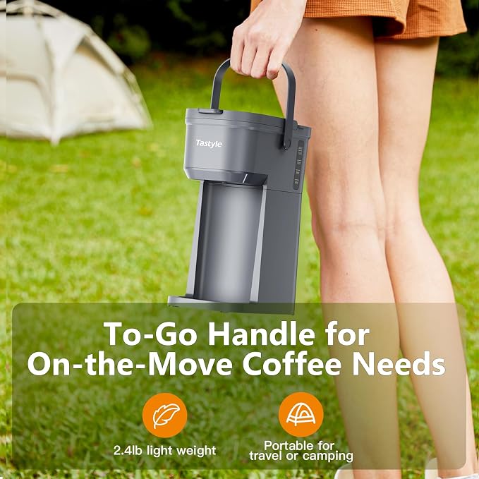 Tastyle K302 Single Serve One Cup Coffee Maker, for K Cups and Grounds, Mini Coffee Maker with Portable Handle, 6 to 12 Oz Brew Size, for Travel, Camping, Office, RV and Dorm, 120V, Cool Gray