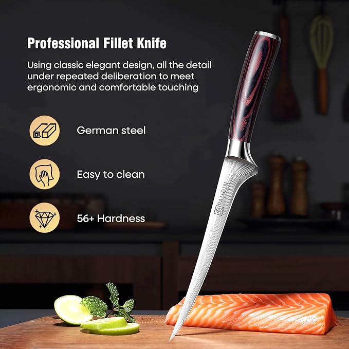 PAUDIN Fillet Knife 7 Inch, Super Sharp Boning Knife, High Carbon German Steel, Professional Fish Knives for Meat Cutting, Ergonomic Pakkawood Handle and Sheath, Gift Box