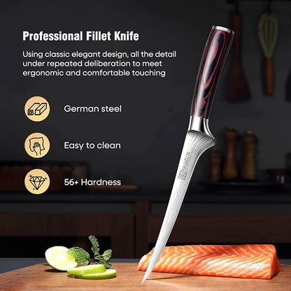 PAUDIN Fillet Knife 7 Inch, Super Sharp Boning Knife, High Carbon German Steel, Professional Fish Knives for Meat Cutting, Ergonomic Pakkawood Handle and Sheath, Gift Box