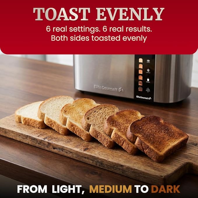 Elite Gourmet ECT5500 4-Slice Long Slot Toaster, Fully Automatic Motorized, Stainless Steel Digital Touchscreen, Extra-Wide Slots, 6 Browning Levels, Bagel, Defrost & Reheat
