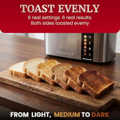 Elite Gourmet ECT5500 4-Slice Long Slot Toaster, Fully Automatic Motorized, Stainless Steel Digital Touchscreen, Extra-Wide Slots, 6 Browning Levels, Bagel, Defrost & Reheat