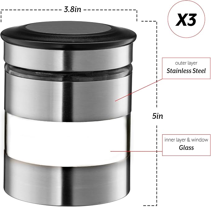 Le'raze Quality Stainless Steel Canister Set of 3 for Kitchen Counter with Glass Window & Airtight Lid - Food Storage Containers with Lids Airtight - Pantry Storage and Organization Set