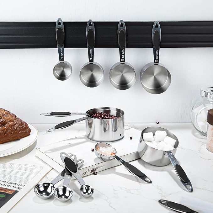 Magnetic Measuring Cups and Spoons Set, 12 Piece Stainless Steel Measuring Cups and Spoons Set, Nesting Kitchen Gadgets with Removable Clasp for Cooking & Baking (Black)