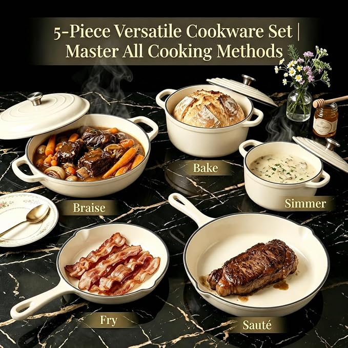 Nonstick Enameled Cast Iron Cookware Set - 8 Piece Pots and Pans with Lid, Frying Pan, Skillet, Dutch Oven Set for All Stovetops, Ideal for Sourdough Bread Baking, Cream White