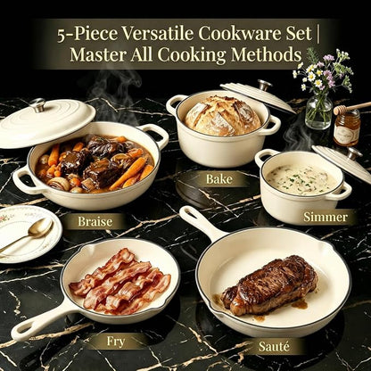Nonstick Enameled Cast Iron Cookware Set - 8 Piece Pots and Pans with Lid, Frying Pan, Skillet, Dutch Oven Set for All Stovetops, Ideal for Sourdough Bread Baking, Cream White