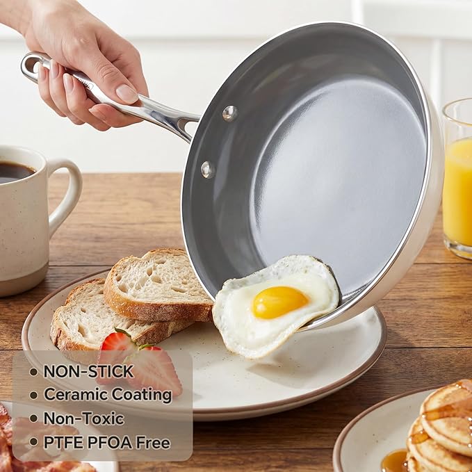 Ceramic Nonstick Frying Pan Set - 3-Piece Skillet Set (8", 9.5", 11"), PFOA & PFAS Free, Stay Cool Handle, Dishwasher Safe, Induction Compatible Cookware for Omelet, Sauté, Fry