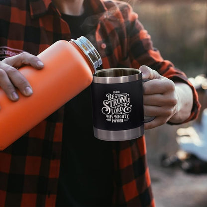 Christian Art Gifts Stainless Steel Double Wall Vacuum Insulated Camp Style Travel Mug 11 oz Black Coffee Mug with Lid for Men/Women with Bible Verse - Be Strong in The Lord -Ephesians 6:10