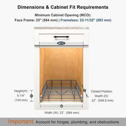 Pull Out Shelves - 23" W x 22" D Soft Close Pull Out Cabinet Organizer 1 Tier - Sliding Shelves with Shelf Liner - Heavy Duty Steel Wire Drawers for Kitchen Cabinets, Pantry, Bathroom