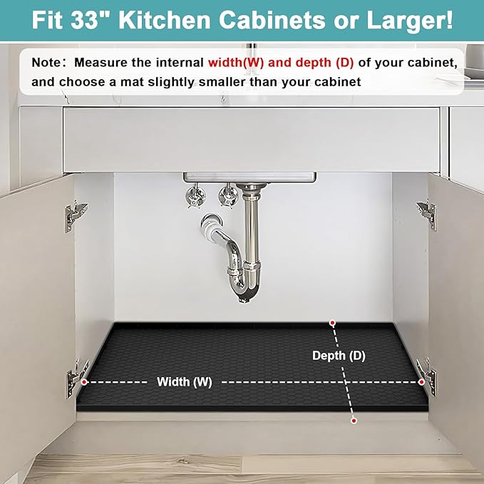 Under Sink Mats for Kitchen Waterproof 31" x 22", Silicone Under Sink Mat and Protectors, Under The Sink Organizer for Kitchen and Bathroom Black