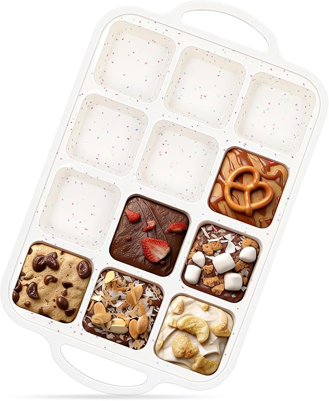 Vinino Silicone Brownie Pan with Dividers, 1 Pack Mini Loaf Pan for Baking Individual, Nonstick 12 Cups Square Muffin Cupcake Pans with Metal Reinforced Frame-Cream