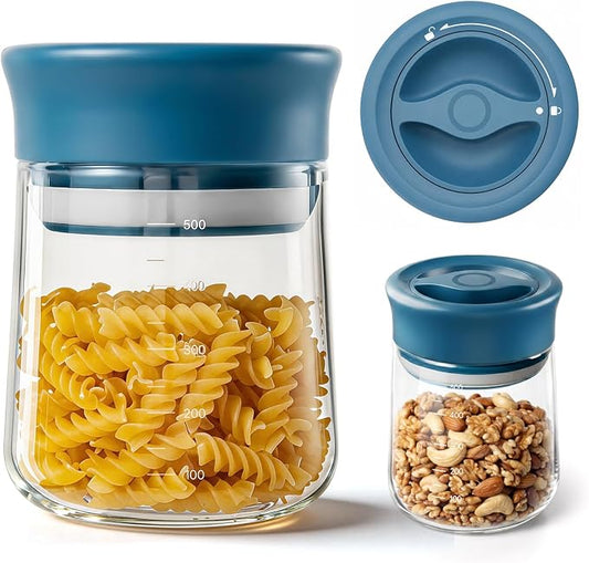 Airtight Glass Jar with Rotary Lid, 17oz Borosilicate Glass Storage Container with Measurement Marks, Wide Mouth Jar for Coffee Beans, Overnight Oatmeal, Tea, Candy, Snacks, Salt, Condiment