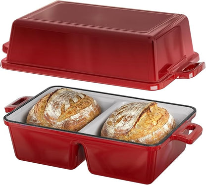 Double Dutch Oven for Sourdough Bread Baking,Enameled Cast Iron Dutch Oven with Lid,Double-Chamber Square Mini Sourdough Loaf Pan for Homemade Bread, Red(Patent Has Been Applied for)