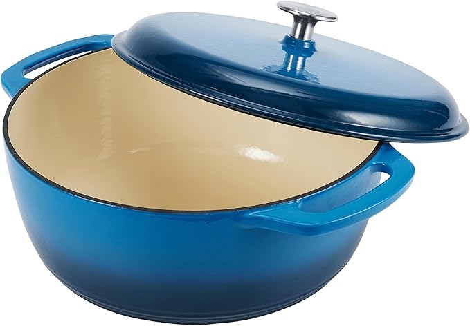 Amazon Basics Enameled Cast Iron Dutch Oven Pot with Lid, Round, Dual Handles, Heavy-Duty, Oven Safe for Stews, Roasting, Baking, 6-Quart, Blue