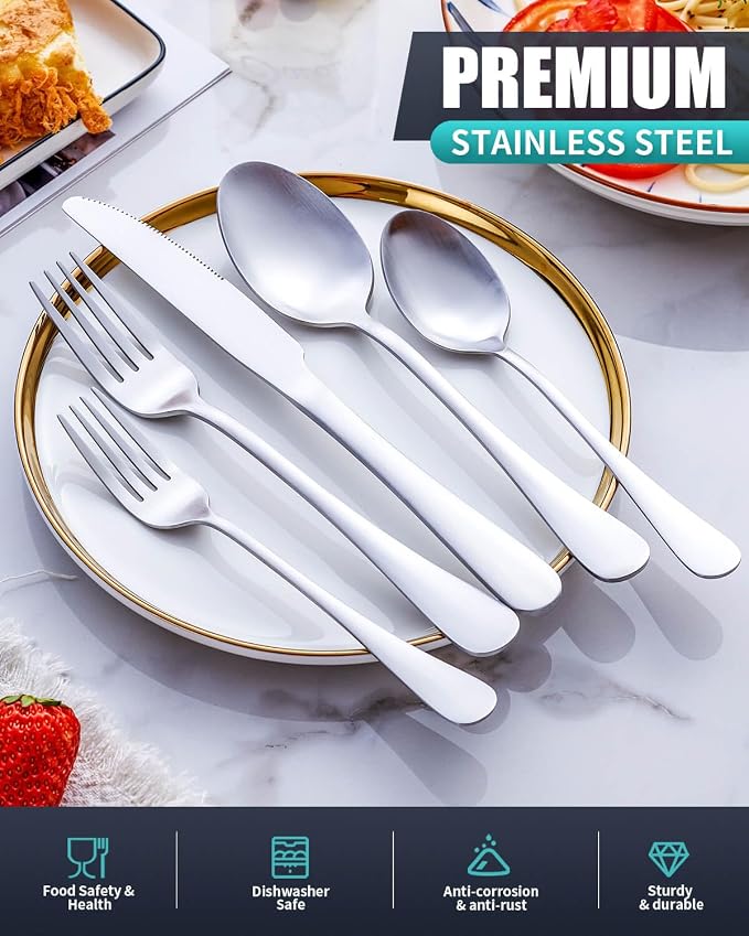 Matte Gold Silverware Set with Steak Knives,Stainless Steel Flatware Set for 6,Modern Cutlery Utensils Set,Spoons and Forks Set for Restaurant,Dishwasher Safe (Silver, 20 Piece Set)