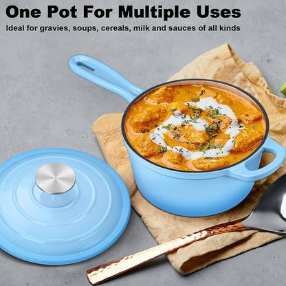 Enameled Cast Iron Sauce Pan with Lid, Leonyo 1 Quart Saucepan with Lid, Small Enamel Cast Iron Dutch Oven Kitchen Cookware for All Cooktops Cooking Soup, Milk - Up to 500°F & 4.4Lbs, Lake Blue