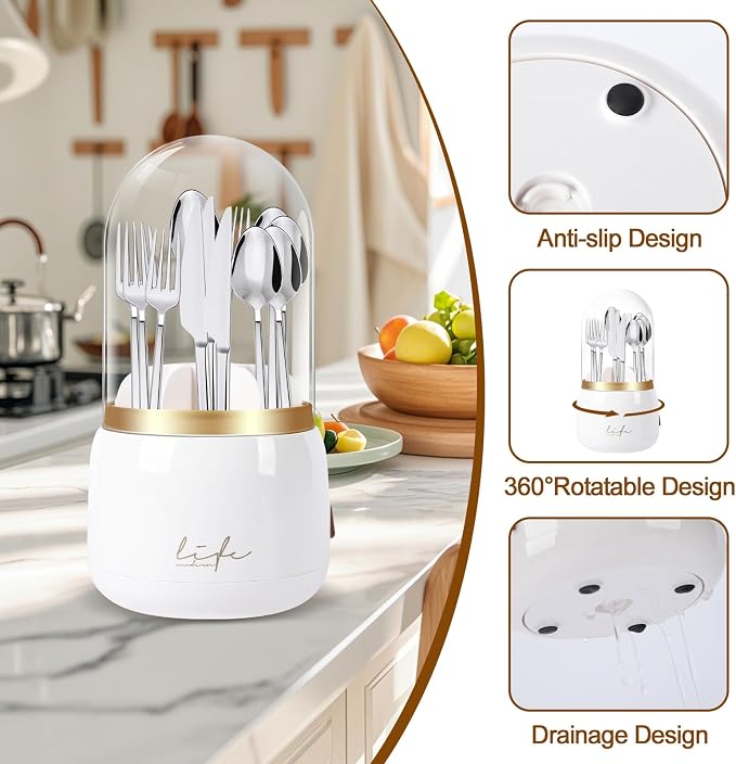 360° Rotating Silverware Utensil Holder for Kitchen Counter, Spoon and Fork Holder with Cover, Cooking Utensil Organizer with 7 Slots and Intermediate Drainage Device for Kitchen Decor(White)