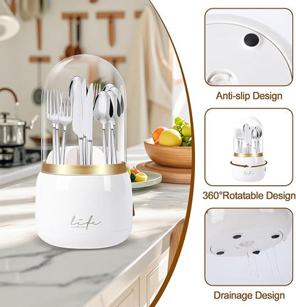 360° Rotating Silverware Utensil Holder for Kitchen Counter, Spoon and Fork Holder with Cover, Cooking Utensil Organizer with 7 Slots and Intermediate Drainage Device for Kitchen Decor(White)
