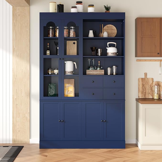 VilroCaz 75'' Tall Freestanding Kitchen Pantry Cabinet, Wood Large Cupboard Storage Buffet with Hutch, 4 Drawers, Door Shelves and Pull-Out Trays for Dining Room, Living Room (Blue-10.13)