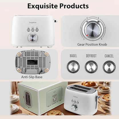 2 Slice Toaster - 1.5" Extra Wide Slots, Stainless Steel, High Lift, 6 Browning, White