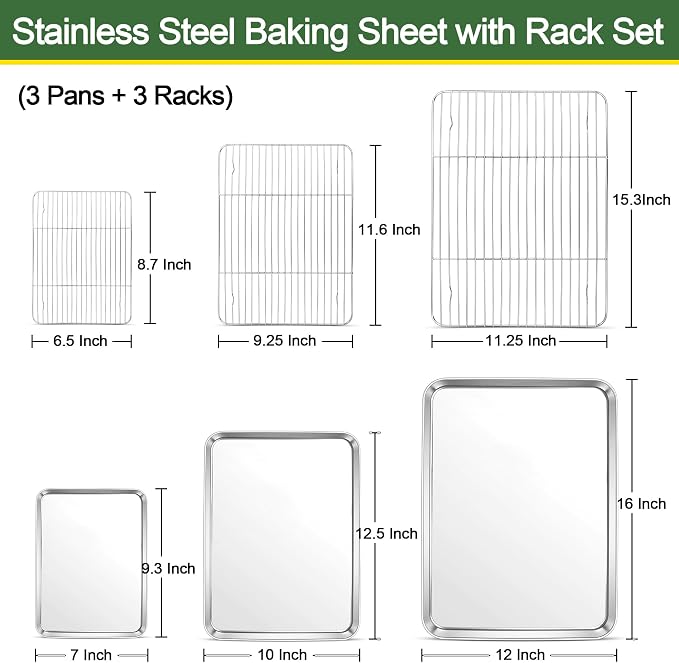 E-far Baking Sheet with Cooling Rack Set (3 Pans + 3 Racks), 16/12.5/9.3 Inch Stainless Steel Cookie Sheets Baking Pans and Wire Rack for Oven, Non Toxic & Easy Clean