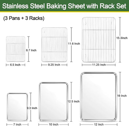 E-far Baking Sheet with Cooling Rack Set (3 Pans + 3 Racks), 16/12.5/9.3 Inch Stainless Steel Cookie Sheets Baking Pans and Wire Rack for Oven, Non Toxic & Easy Clean